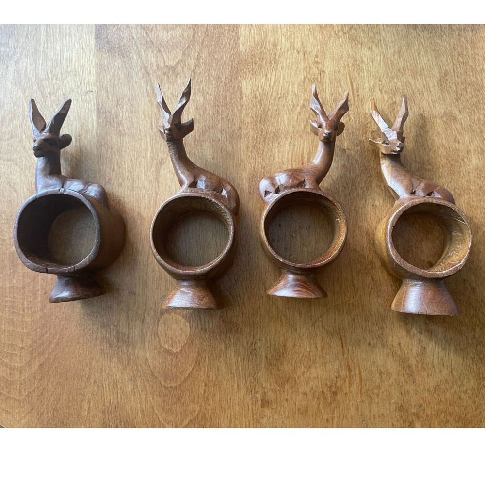 Napkin Ring Holder Africa Kenya Hand Carved Wood Vintage Caribou Deer Elk Set 4